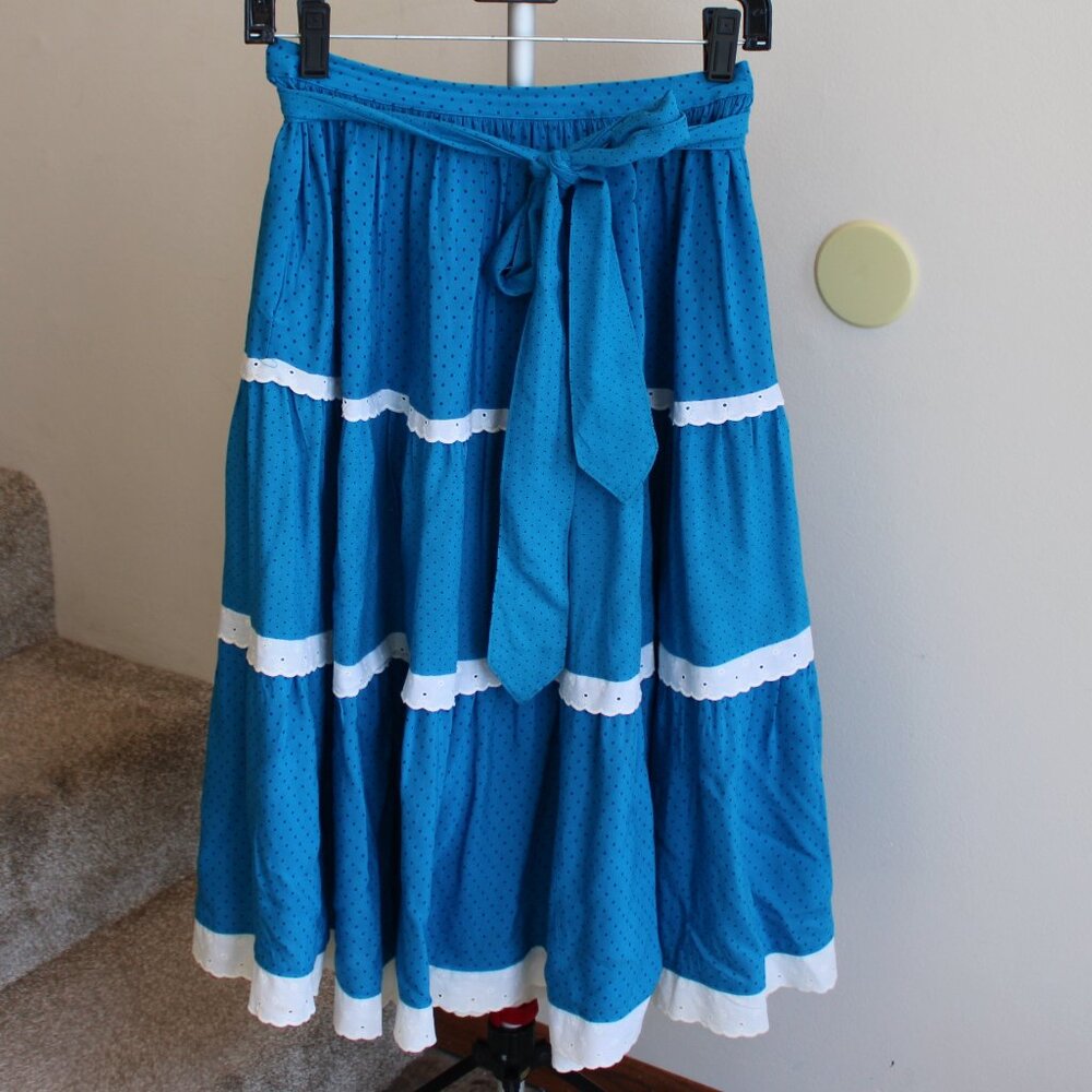 Vintage Blue Polka Dot Prairie Skirt Cottagecore Tiered Midi Viscose Size 38 S